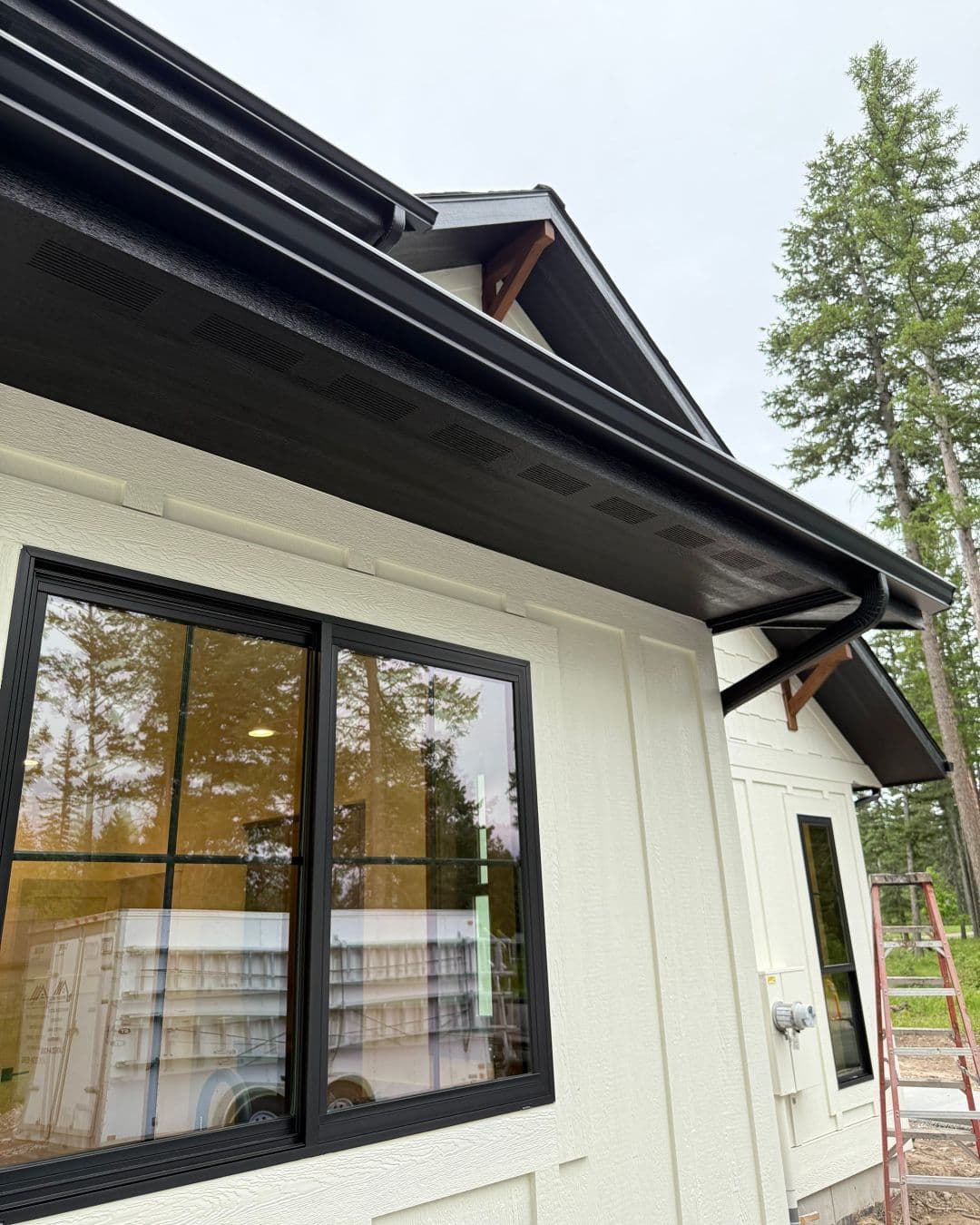 Modern house exterior featuring black roof, gutters, and large windows surrounded by trees.